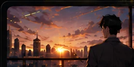 Anime-style professional looking toward a new career chapter.