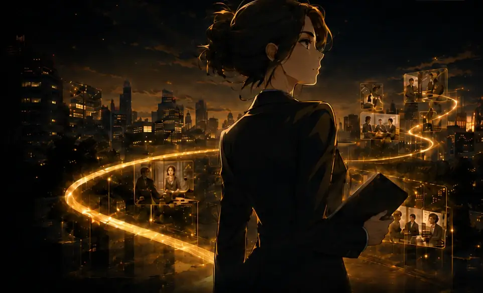 Anime-style professional looking across a city while a golden path connects workplace moments.